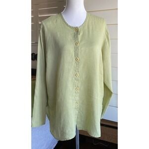 FLAX Top Womens‎ M Sage Green 100% Linen Lagenlook Boho Button Oversized READ